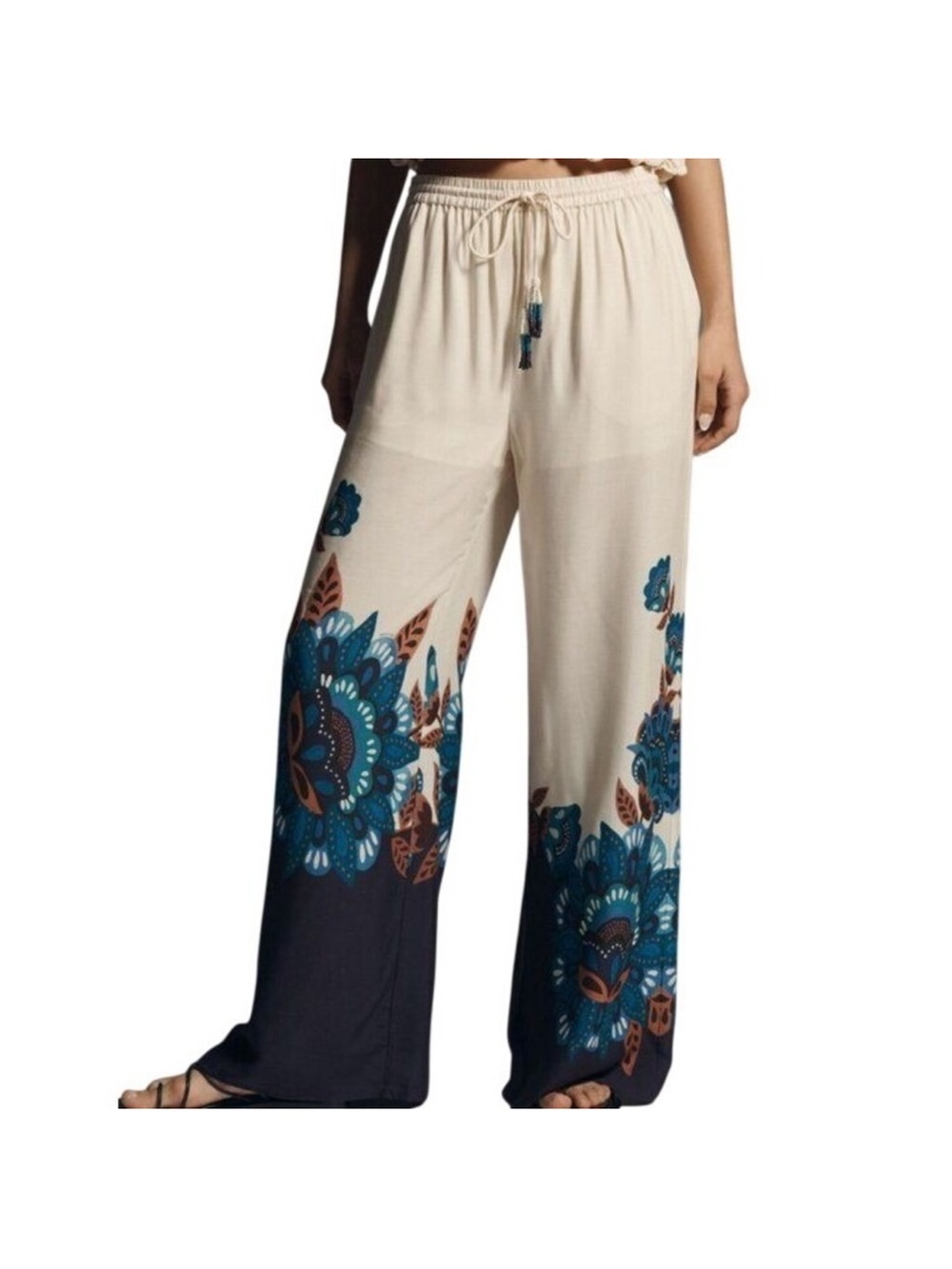 Anthropologie X Farm Rio Womens S Martina Printed Pull On Pants in Blue Cream